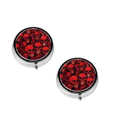 (Red Skulls) Round Pill Box 3 Compartment Pill Box Mini Decorative Pocket Purse Portable Travel Medicine Tablet Vitamin Holder Organizer Pill Case