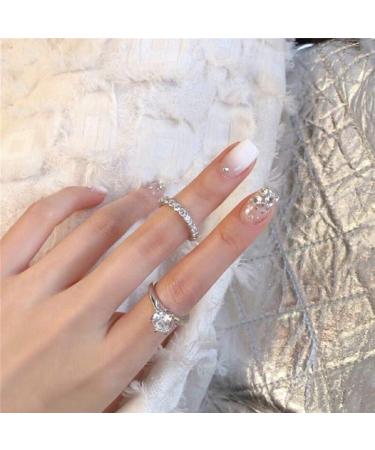 Xerling 24Pcs Bling Silver Glitter French Press on False Nails Rhinestones Jewelry Fake Nail Full Cover for Women and Girls Transparent Finger Wear Tips