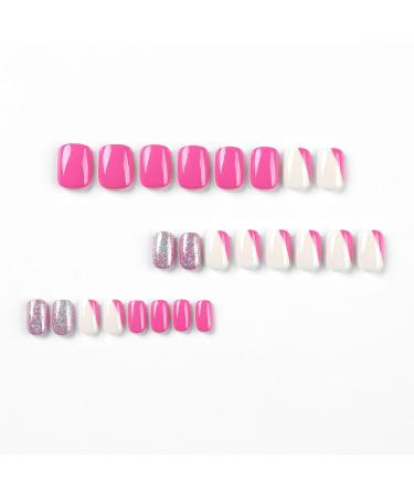 Mouyouglow Press On Nails - Short Square White Neon Pink Silver Glitter | Magenta Rose Red French Fake Nails with Glue | High-Quality AIrbrush Design - Buy Online on GoSupps.com