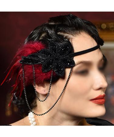 Feather Beaded Headband Vintage 1920s Headband Crystal Flapper Headpiece Great Gatsby Hair Accessories Roaring 20's Accessories Red - Buy Online on GoSupps.com