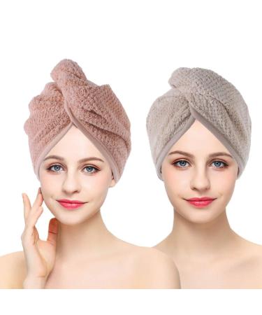 Iyou fast hairuch wrap pink twist blow dryer microfiber bathroom salon hair turban towels caps with buttons to women girl (pack with 2)