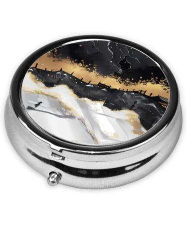 Black White Gold Foil Marble Portable Metal Pill Box - Round Mini 3-Compartment Travel Case for Small Pills - Buy Online on GoSupps.com