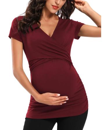 Love2Mi Maternity Nursing Shirt | Short Sleeve V-Neck Breastfeeding T-Shirt | Pregnancy | S - Wine Red - Buy Online on GoSupps.com