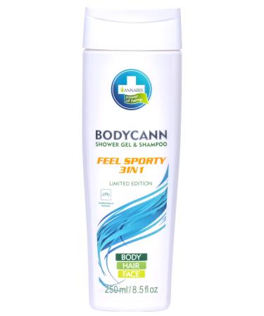 BODYCANN FEEL SPORTY 3-in-1 All-Natural Vegan Hemp Shower Gel & Shampoo - Hair Face & Body Gentle Wash for Sensitive Very Dry Eczematous and Psoriasis Skin