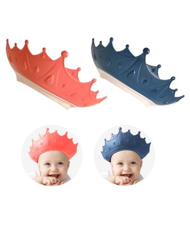 2PCS Crown Baby Shower Cap, Adjustable Baby Hair Washing Guard Bath Shield Visor Hat Eyes and Ears Head Protection Bath Shampoo Hat Waterproof Soft Silicone Shower Cap for Kids Toddler Blue+Yellow Red+Blue