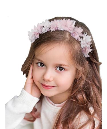 IYOU Flower Girl Headband Pink Floral Headpiece Pearl Wedding Communion Hair Accessories for Kids