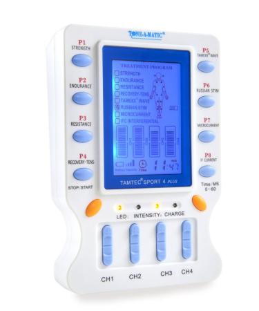 TAMTEC 4 Channel EMS TENS Unit Electronic Muscle Stimulator with 20 Adhesive Electrodes and 8 Modes/Programs for Pain Relief Therapy Arthritis and Muscle Toning Strengthening Rechargeable Battery