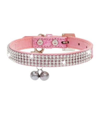 PUPTECK Basic Adjustable Cat Collar with Bling Diamante and Double Bells, for Kitten and Small Puppy, Fashion and Shining XXS: neck: 6-8in Pink