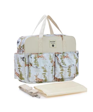 Kamay's Multifunctional Waterproof Mummy Shoulder Bag Diaper Bag Chic Nappy Changing Bag Tote/Messenger Style Large Light Weight with Changing Mat Adjustable Straps (White Pine Tree Elk Eagle)