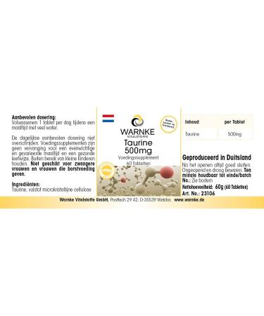 Taurine 500mg Vegan 60 Tablets - Magnesium Stearate Free | Warnke Vitalstoffe - Buy Online on GoSupps.com