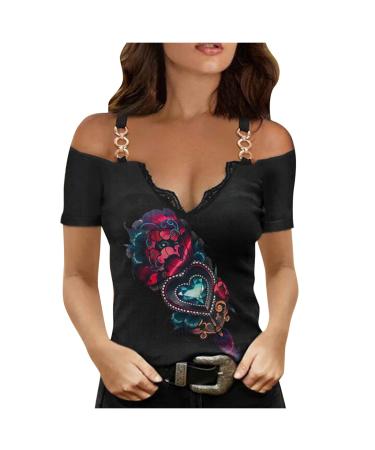 Spring Outfits for Women 2023 V-Neck Butterfly Print Tops Camisolo Womens Rose Print Cami Top Lace Cold Shoulder T-Shirt A1-red Medium