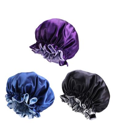 Healifty 3PCS Double Layer Satin Bath Cap Women Sleeping Cap Wide Band Satin Bonnet Elastic Nightcap for Home Travel (Purple+Black+Gem Blue) Picture 1