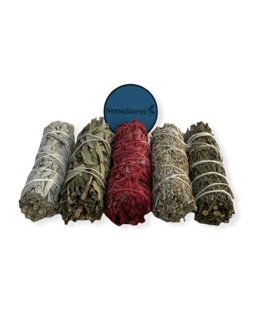 NESSASTORES - 5 pcs Smudge Sampler Kit of White Sage, Black Sage, White Sage Dragon's Blood, Blue Sage, Cedar 4" Bundles #JC-209 (3 Kits)