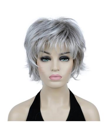 Lydell 8" Short Layered Shaggy Wavy Full Synthetic Wigs (48T Light Gray with Dark Root) 48T Gray with Dark Root
