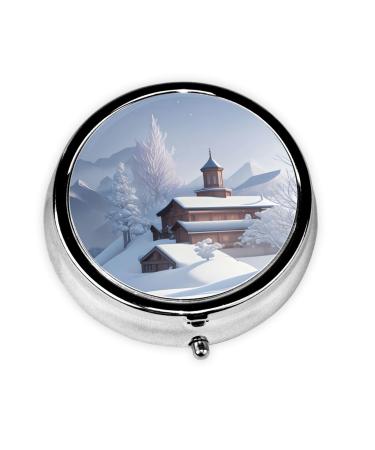 Winter Landscaperound Pill Box 3 Compartment Round Pill Box Organizer Portable Travel Pill Box for Traveling.