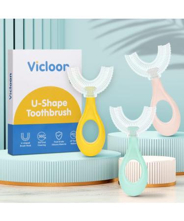 Vicloon 3Pcs Kids U-Shaped Toothbrush Set for Toddlers and Children (2-6 Years) | Oral Cleaning with Food Grade Silicone Brush Head | Blue, Pink, Yellow - Buy Online on GoSupps.com