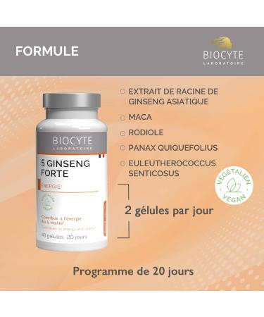 BIOCYTE 5 Ginseng Forte - Energy and Vitality Food Supplement - Based on American Ginseng Siberian Korean Maca Rhodiola - 40 Capsules - 20 Days - Buy Online on GoSupps.com