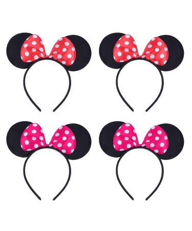 EUPSIIU 4 Pieces Mouse Ears Headband Red Bow Headbands And Pink Bow Headbands Cosplay Party Headband for Adults and Kids Fancy Dress Costume Head Band for Daily Wear Party Festivals Multi