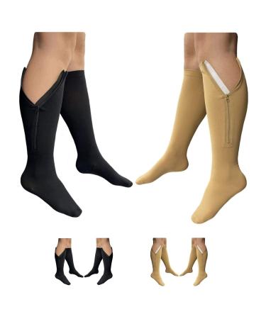 HealthyNees 2 Pairs Set Closed Toe 20-30 mmHg Zipper Compression Fatigue Swelling Circulation Knee Length Socks (L/XL) Large/X-Large (2 Pair) Multi