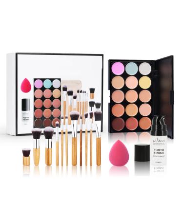 RoseFlower 15 Colors Concealer Camouflage Makeup Cream Palette Cosmetics Contouring Foundation Kit with 11 Pcs Makeup Brushes for Professional Salon and Daily Use 001 Set A