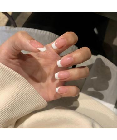 24Pcs/Set Press On Fake Nails Full Cover Artificial Short Nail Tips Simple Beauty Naked Pink French White Side False Nails Art Pd210 Press on Nails