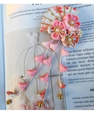 CRB Fashion Womens Girls Japanese Kimono Flower Kanzashi Hair Ornament Tie Band Clip (Light Pink)
