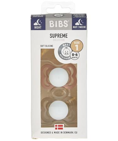 BIBS Supreme Baby Pacifier 2-Pack | Made in Denmark | BPA Free Dummy Soother Symmetrical Nipple. Silicone Size 1 (0-6 Months) Blush Glow/Vanilla Glow - Buy Online on GoSupps.com