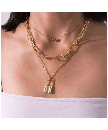 Punk Layered Heart Choker Necklace Gold Lock Pendant Necklace Chunky Paper Clip Chain Necklace Vintage Statement Necklace Chain Jewelry for Women and Girls Gift