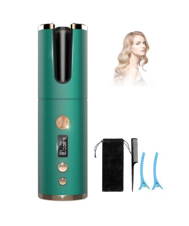 Cordless Automatic Curling Iron Auto Curling Iron with LCD Display Adjustable Temperature & Timer Portable Ceramic Hair Curler USB Charging and Rechargeable (Green)