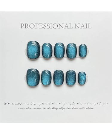 Nail Tips False Nails Tips Art Press on Nails Handmade Simple Blue Press on Nails Short Cat Eye Design Reusable Adhesive Fake Nails Round Head Full Cover Nail Tips Manicure(Z618XS Matte) - Buy Online on GoSupps.com