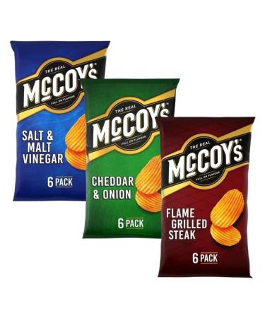 Crisps Snack Variety Bundle Consisting of McCoy's Salt & Malt Vinegar Crisps 6x25g Cheddar & Onion Crisps 6x25g and Flame Grilled Steak Crisps 6x25g (18 individual bags) - Buy Online on GoSupps.com