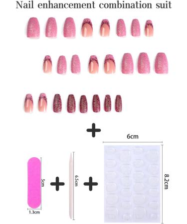 24pcs Short Coffin French Tip False Nails | Pink Purple Glitter Press On Nails | Removable Glue-On Nails | Full Cover Fake Nails - Nail Art Accessories - Buy Online on GoSupps.com