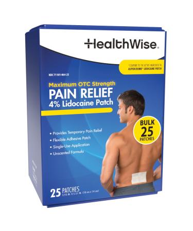 HealthWise 4% Lidocaine Pain Relief Patch | Maximum OTC Strength | 25-Count | 3.93 x 5.51 | Soothes Minor Aches and Pains | Odor Free | Topical Anesthetic | Easy to Apply Flexible Adhesive 25 Count