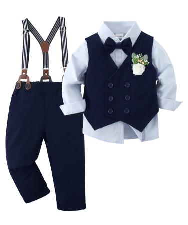 ZOEREA Baby Boy Gentleman Clothes Sets 1-5 Years Infant Wedding Tuxedo Outfits Long Sleeve Formal Shirt+Suspender Pants+Vest+Bowtie+Boutonniere 12-18 Months Blue