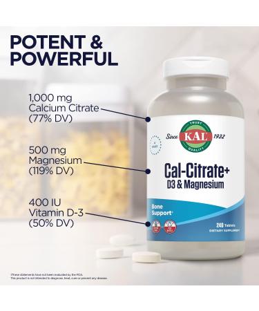 KAL Cal-Citrate+ 240 Tablets | Calcium Citrate, Vitamin D-3, Magnesium | Healthy Bones & Teeth Support | Gluten Free | Lab Verified | 60 Servings - Buy Online on GoSupps.com
