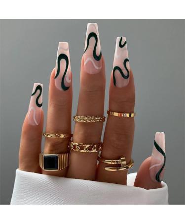 Sethexy coffin abstract false nails snake line nail stick naked pink art wrong fingernails 24st acrylic press nails for women and girls (black)