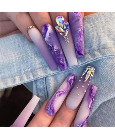 24 Pcs Fake Nails Long Coffin Violet Press on Nails Purple Stick on Nails Full Cover False Nails with Rhinestone Designs Matte Extra Long Glue on Nails Acrylic Nails for Women and Girls 8