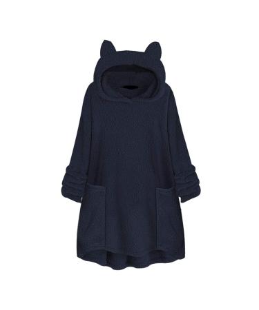 Bigfanshu Womans Tops Fleece Cat Ear Plus Size Long Sleeve Hoodie Pocket Top Sweater Blouse Navy