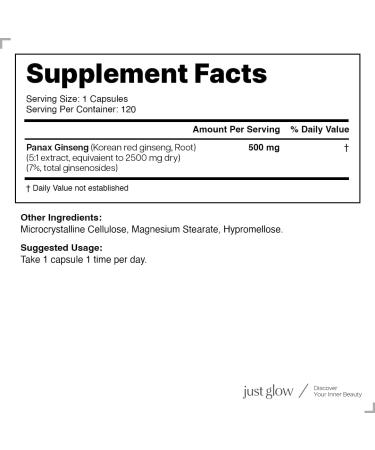 Just Glow Korean Red Ginseng 2500mg 120 Capsules - 5:1 Panax Ginseng Extract 500mg Per Serving - Standardized 7% Ginsenoside - Enhance Physical Performance & Increase Energy - 4 Months Supply - Buy Online on GoSupps.com