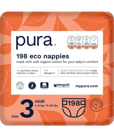 Pura eco-diapers size 3 (MIDI 4-9 kg) 198 diapers (6 x 33 p Pack) monthly box certified with EU Ecolabel for sensitive skin made of organic cotton odorless 12 hours of outlet protection size 3 (198 diapers)))
