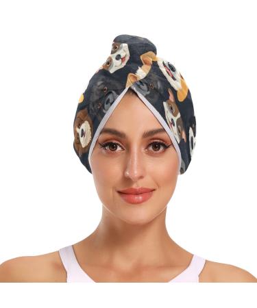 Cartoon Dogs Hair Towel 2 Pack Super Absorbent Hair Drying Towel Quick Dry Hair Turbans Head Towel with Button Twisty Wrap for Women Girls