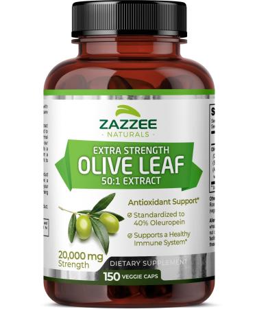 Zazzee Extra Strength Olive Leaf 50:1 Extract 20 000 mg Strength 40% Oleuropein 150 Vegan Capsules 5 Month Supply Concentrated and Standardized 50X Extract 100% Vegetarian Non-GMO All-Natural