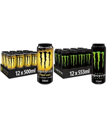 Monster Energy Rehab Lemon - disposable doses (12 x 500 ml) & caffeinated energy drink with a classic energy taste - in recoverable disposable cans (12 x 553 ml) bundle with energy taste