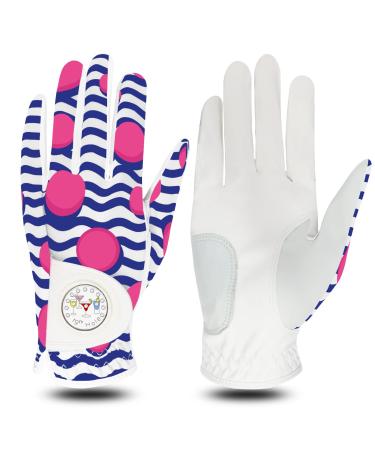 FINGER TEN Golf Gloves Women Left Right Hand Leather with Bling Ball Marker Value Pack Colored Glove for Right Left Handed Golfer All Weather Grip Full-Blue&Pink Medium Left
