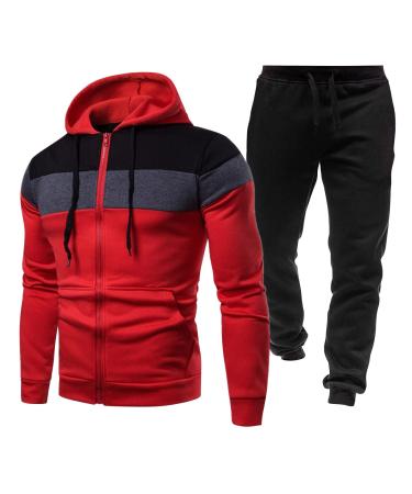Hanxiulin training suit for men jogging suit fashionable sports suit pants jacket set hooded jacket sports clothing running sweater sports pants and training jacket xxl red