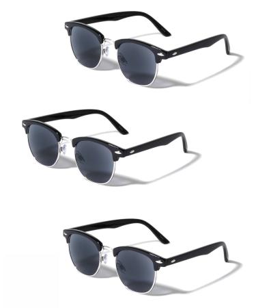 'The Executive' 3 Pair of Classic Semi-Rimless Full Reading Lens Sunglasses (No Bifocal) Black 2 x