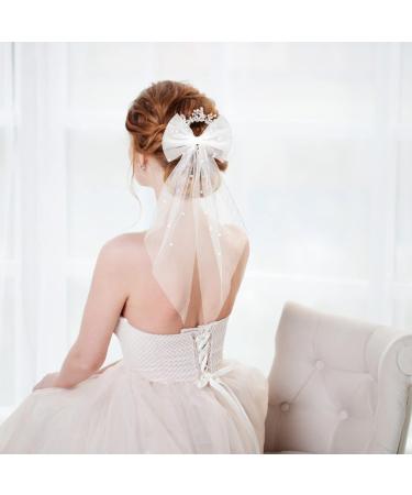 Bridal Bow Veil Pearl Bow Hen Party Veil Lace Butterfly Hair Clips White Hair Bow for Women and Girls Halloween Party - Buy Online on GoSupps.com
