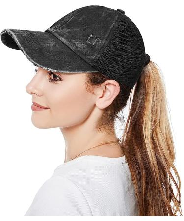 Criss Cross Washed Distressed Baseball Cap - Black Ponytail Hat for Women - Buy Online on GoSupps.com