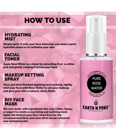 Natural Rose Water - Earth N Pure 100% Pure & Distilled for Glowing Skin Oil Control & pH Balance - 100ML Face Mist & Toner - Buy Online on GoSupps.com