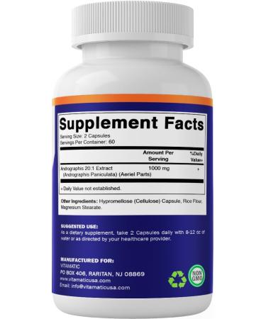 Vitamatic Andrographis Extract 1000 mg Per Serving - 120 Veg Capsules - 20X Extract, 100% Vegetarian, All-Natural, Gluten Free, Non-GMO - Buy Online on GoSupps.com